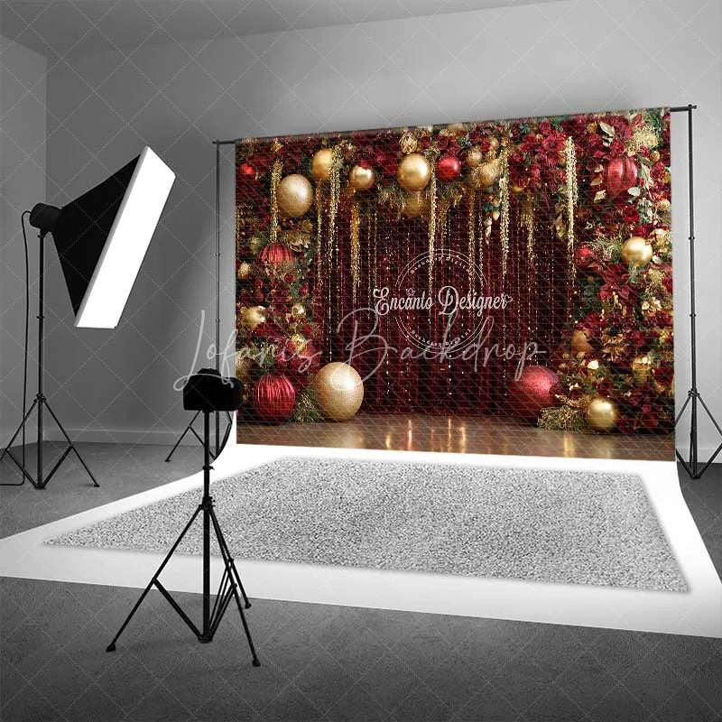 Lofaris Red and Gold Christmas Backdrop Glamour Floral Tinsel Curtain Photography Background