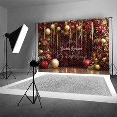 Lofaris Red and Gold Christmas Backdrop Glamour Floral Tinsel Curtain Photography Background