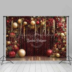 Lofaris Red and Gold Christmas Backdrop Glamour Floral Tinsel Curtain Photography Background