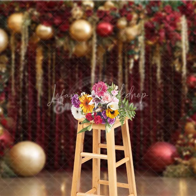 Lofaris Red and Gold Christmas Backdrop Glamour Floral Tinsel Curtain Photography Background