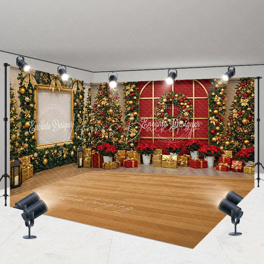 Lofaris Red and Gold Christmas Room Set Backdrop Elegant Holiday Wreath Decorated Xmas Trees Photo Props