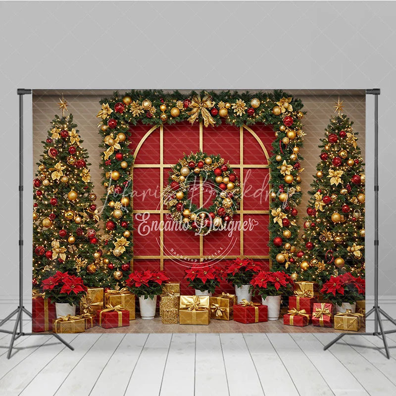 Lofaris Red and Gold Christmas Room Set Backdrop Elegant Holiday Wreath Decorated Xmas Trees Photo Props