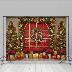 Lofaris Red and Gold Christmas Room Set Backdrop Elegant Holiday Wreath Decorated Xmas Trees Photo Props