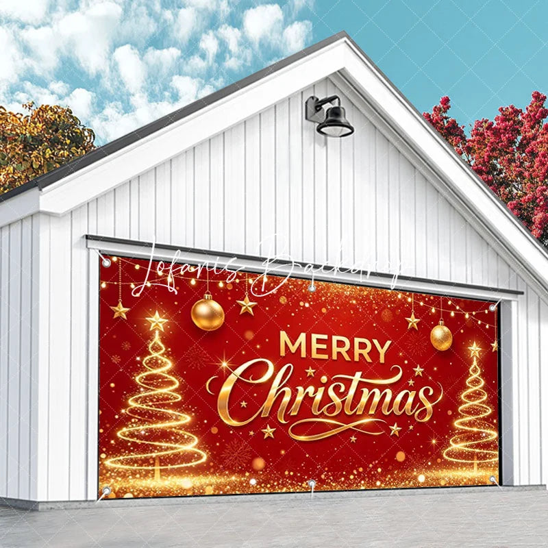 Lofaris Red and Gold Merry Christmas Glitter Garage Door Banner Festive Holiday Decor with Stars Ornaments