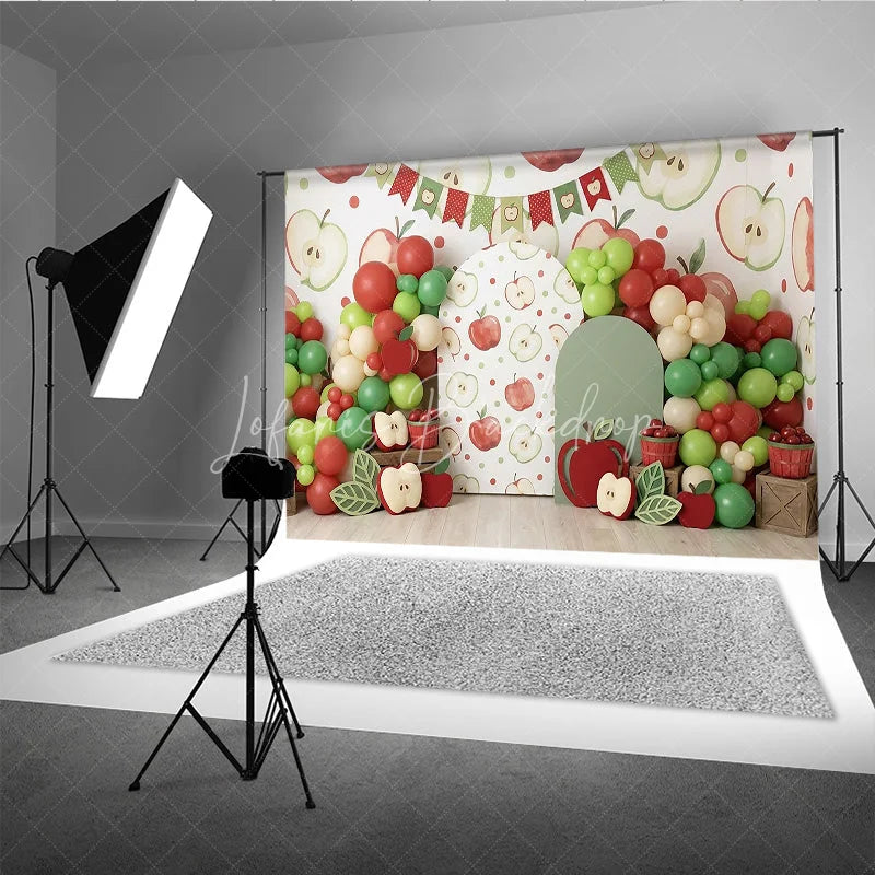 Lofaris Red and Green Apple Theme Photography Backdrop with Balloon Garland Arch Cutouts for Birthday Party
