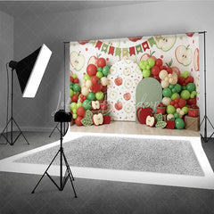 Lofaris Red and Green Apple Theme Photography Backdrop with Balloon Garland Arch Cutouts for Birthday Party