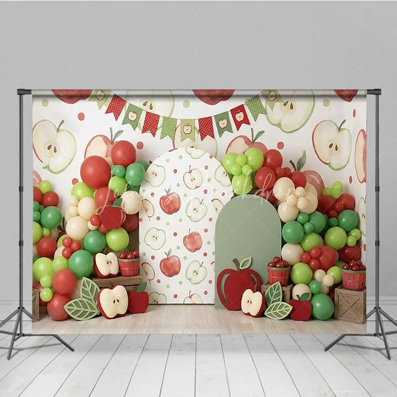 Lofaris Red and Green Apple Theme Photography Backdrop with Balloon Garland Arch Cutouts for Birthday Party