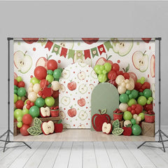 Lofaris Red and Green Apple Theme Photography Backdrop with Balloon Garland Arch Cutouts for Birthday Party