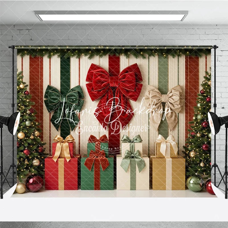 Lofaris Red and Green Christmas Trees with Gifts Velvet Bows Holiday Backdrop Festive Striped Background Decor