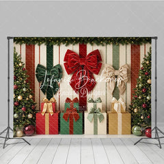 Lofaris Red and Green Christmas Trees with Gifts Velvet Bows Holiday Backdrop Festive Striped Background Decor