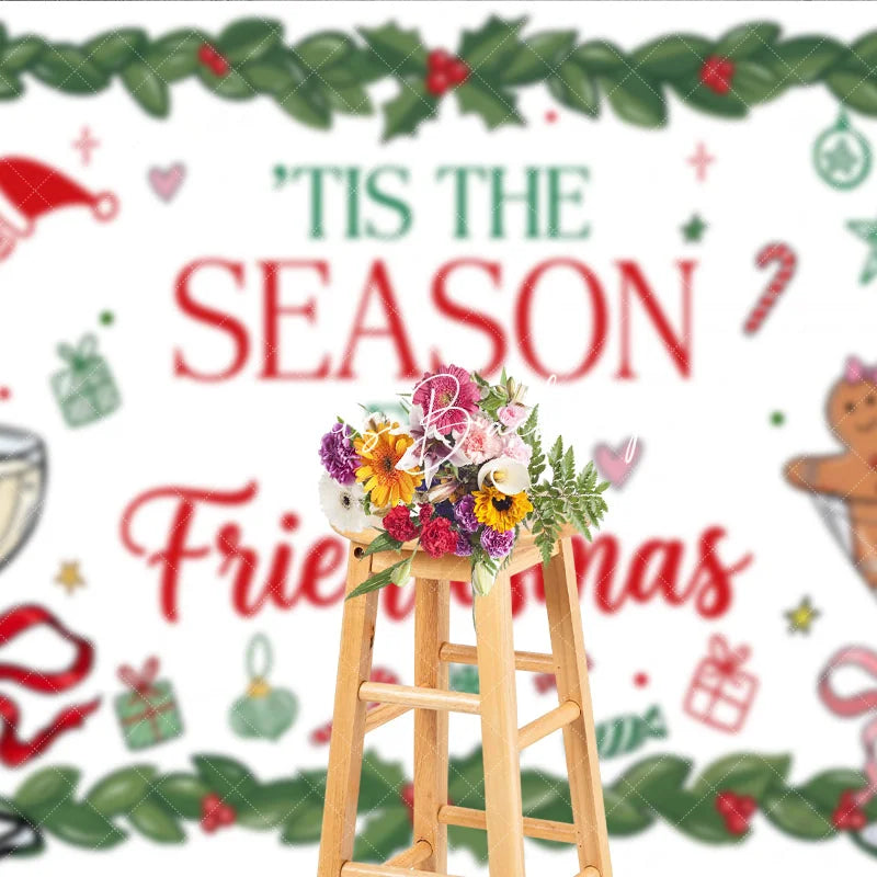 Lofaris Red and Green Holly Friendsmas Holiday Backdrop with Gingerbread Man Champagne Glasses Festive Party Decor.