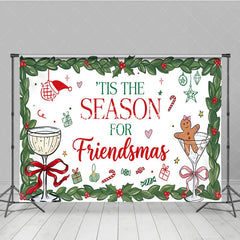 Lofaris Red and Green Holly Friendsmas Holiday Backdrop with Gingerbread Man Champagne Glasses Festive Party Decor.