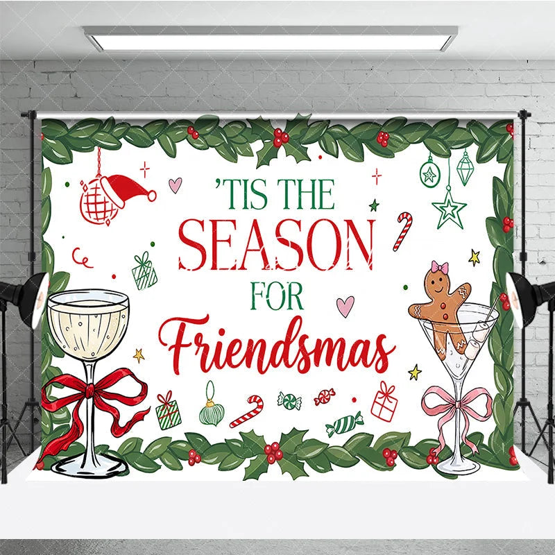 Lofaris Red and Green Holly Friendsmas Holiday Backdrop with Gingerbread Man Champagne Glasses Festive Party Decor.
