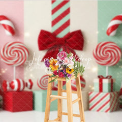 Lofaris Red and Mint Green Candy Land Holiday Backdrop with Festive Christmas Trees Lollipops Gift Boxes