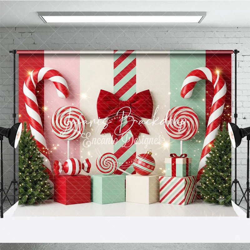 Lofaris Red and Mint Green Candy Land Holiday Backdrop with Festive Christmas Trees Lollipops Gift Boxes