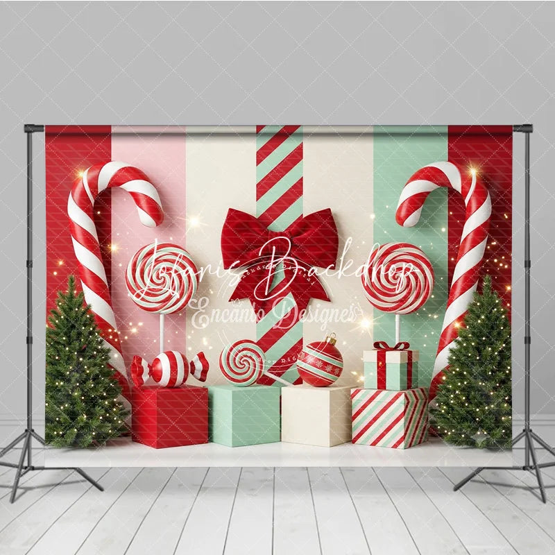 Lofaris Red and Mint Green Candy Land Holiday Backdrop with Festive Christmas Trees Lollipops Gift Boxes