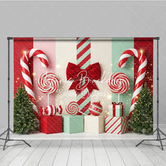 Lofaris Red and Mint Green Candy Land Holiday Backdrop with Festive Christmas Trees Lollipops Gift Boxes