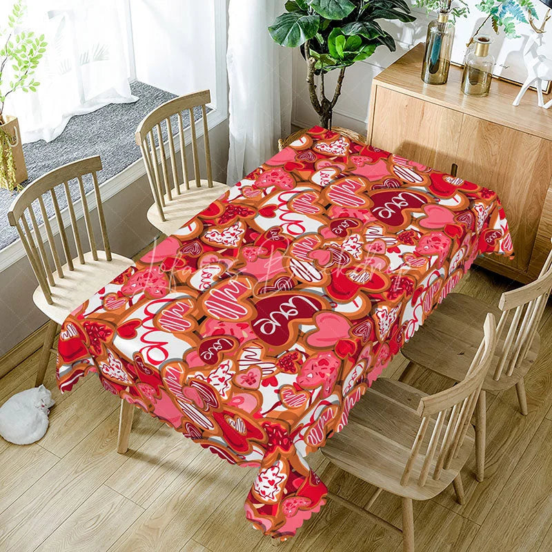 Lofaris Red and Pink Love Heart Cookie Rectangle Tablecloth Sweet Cursive Text Pattern Romantic Valentine Dining Decor
