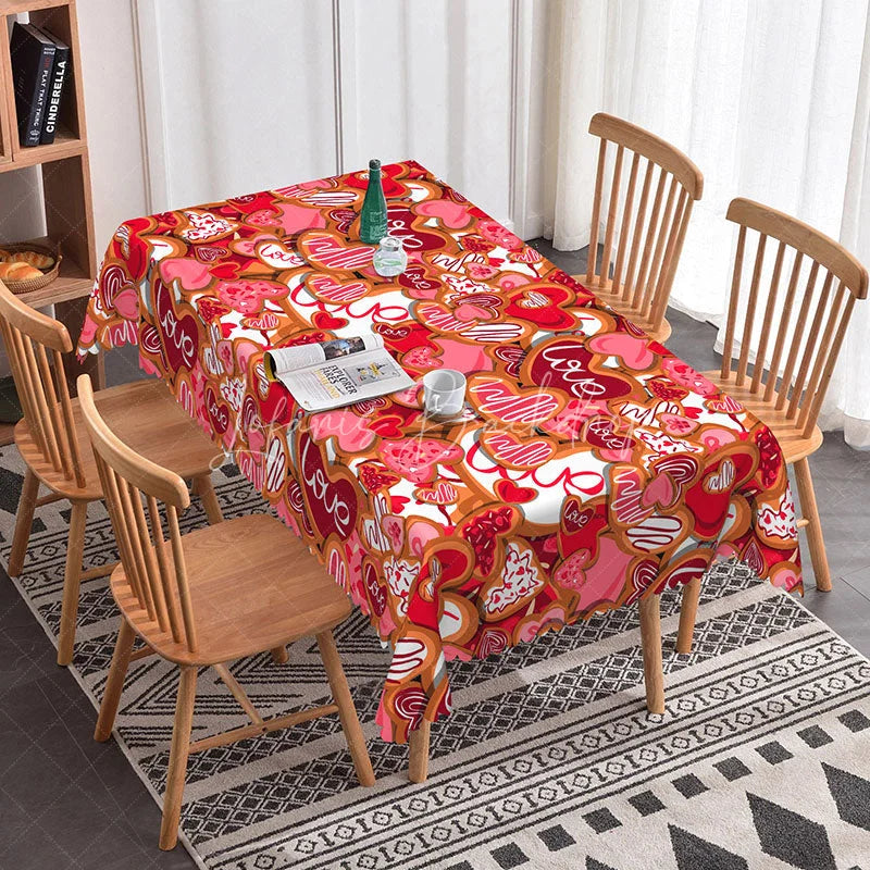 Lofaris Red and Pink Love Heart Cookie Rectangle Tablecloth Sweet Cursive Text Pattern Romantic Valentine Dining Decor