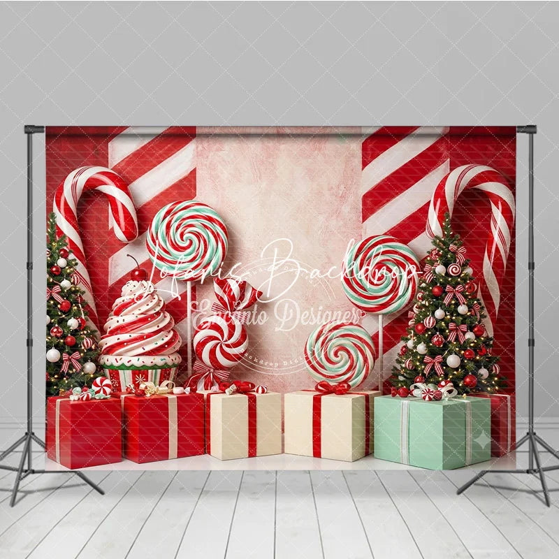 Lofaris Red and White Candy Cane Christmas Tree Holiday Backdrop Sweet Lollipop Gift Box Party Decor
