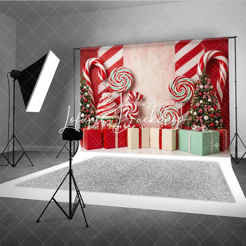 Lofaris Red and White Candy Cane Christmas Tree Holiday Backdrop Sweet Lollipop Gift Box Party Decor
