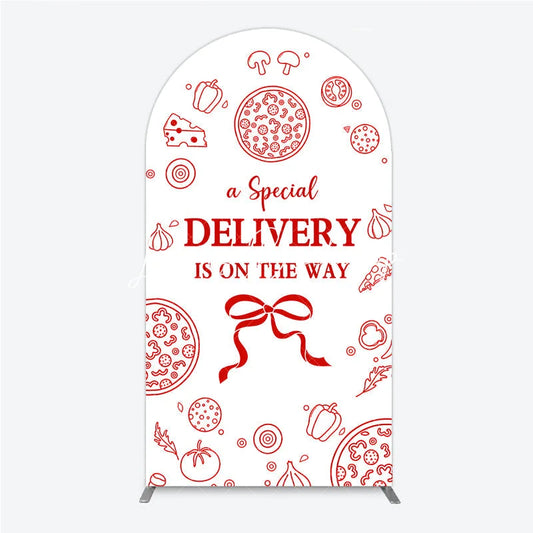 Lofaris Red and White Pizza Delivery Round Top Arch Backdrop Fun Baby Shower Birthday Party Decor.