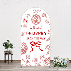 Lofaris Red and White Pizza Delivery Round Top Arch Backdrop Fun Baby Shower Birthday Party Decor.