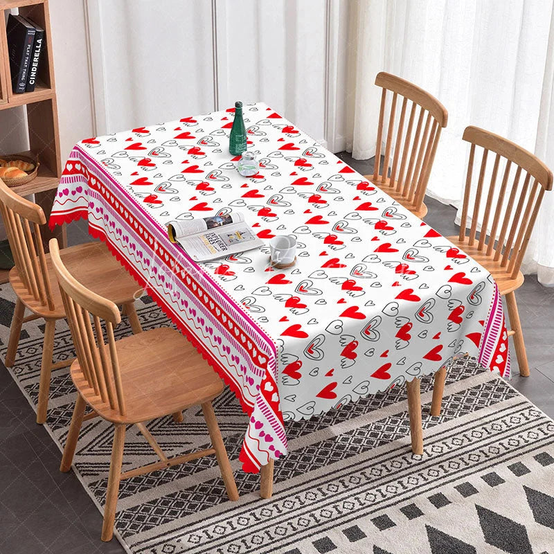 Lofaris Red and White Sketch Heart Rectangle Tablecloth Cute Love Doodle Border Romantic Valentine Kitchen Decor