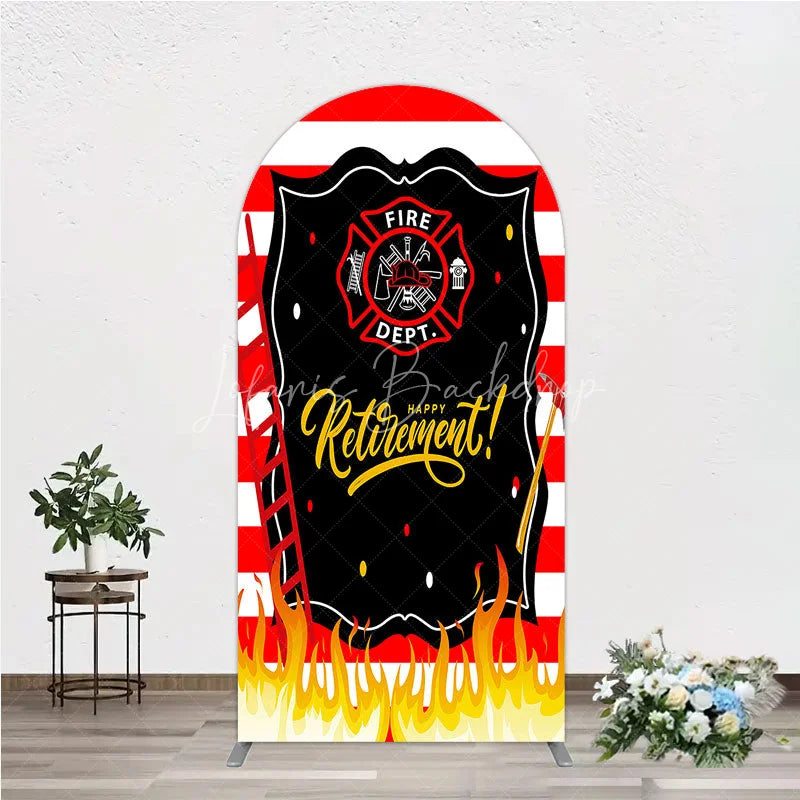 Lofaris Red and White Striped Fire Rescue Happy Retirement Arch Backdrop Heroic Celebration Party Decor with Flames