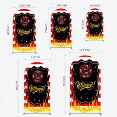 Lofaris Red and White Striped Fire Rescue Happy Retirement Arch Backdrop Heroic Celebration Party Decor with Flames