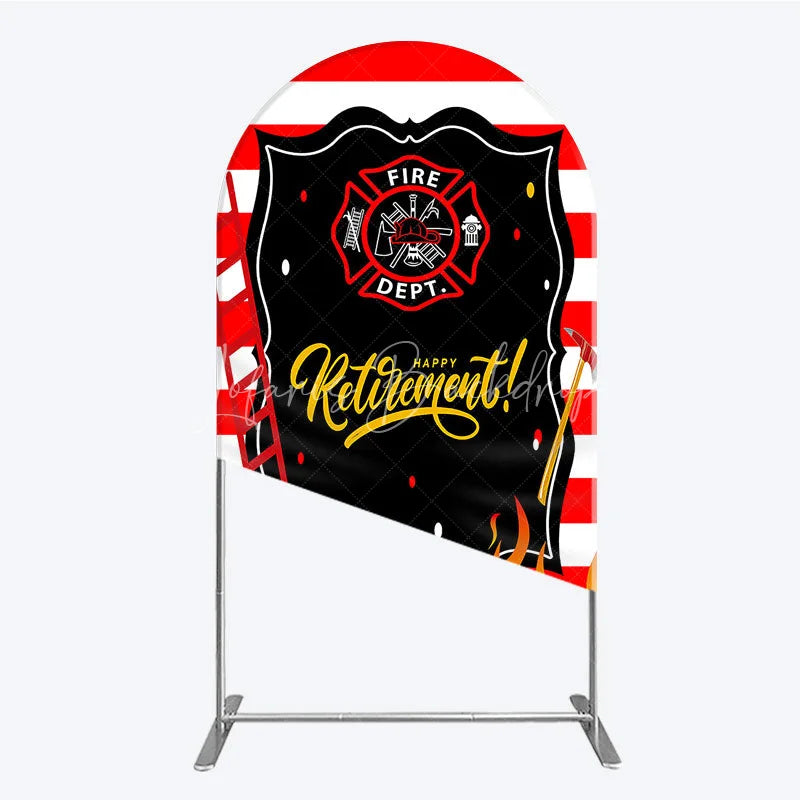 Lofaris Red and White Striped Fire Rescue Happy Retirement Arch Backdrop Heroic Celebration Party Decor with Flames