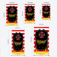 Lofaris Red and White Striped Fire Rescue Happy Retirement Rectangle Backdrop Heroic Celebration Party Decor with Flames