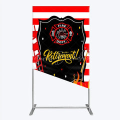 Lofaris Red and White Striped Fire Rescue Happy Retirement Rectangle Backdrop Heroic Celebration Party Decor with Flames