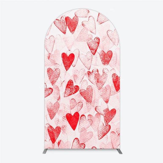 Lofaris Red and White Textured Hearts Pattern Round Top Arch Backdrop Perfect for Romantic Love Theme Parties