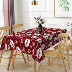 Lofaris Red Background White Kiss Lip Rectangle Tablecloth I Love You Text Print Romantic Valentine Dining Decor