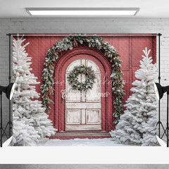 Lofaris Red Barn White Door Christmas Backdrop Snowy Tree Farmhouse Photography Background