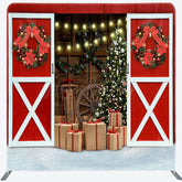 Lofaris Red Barn Wood Door Christmas Tension Fabric Backdrop