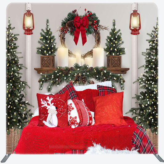 Lofaris Red Bed Tree Light Christmas Tension Fabric Backdrop