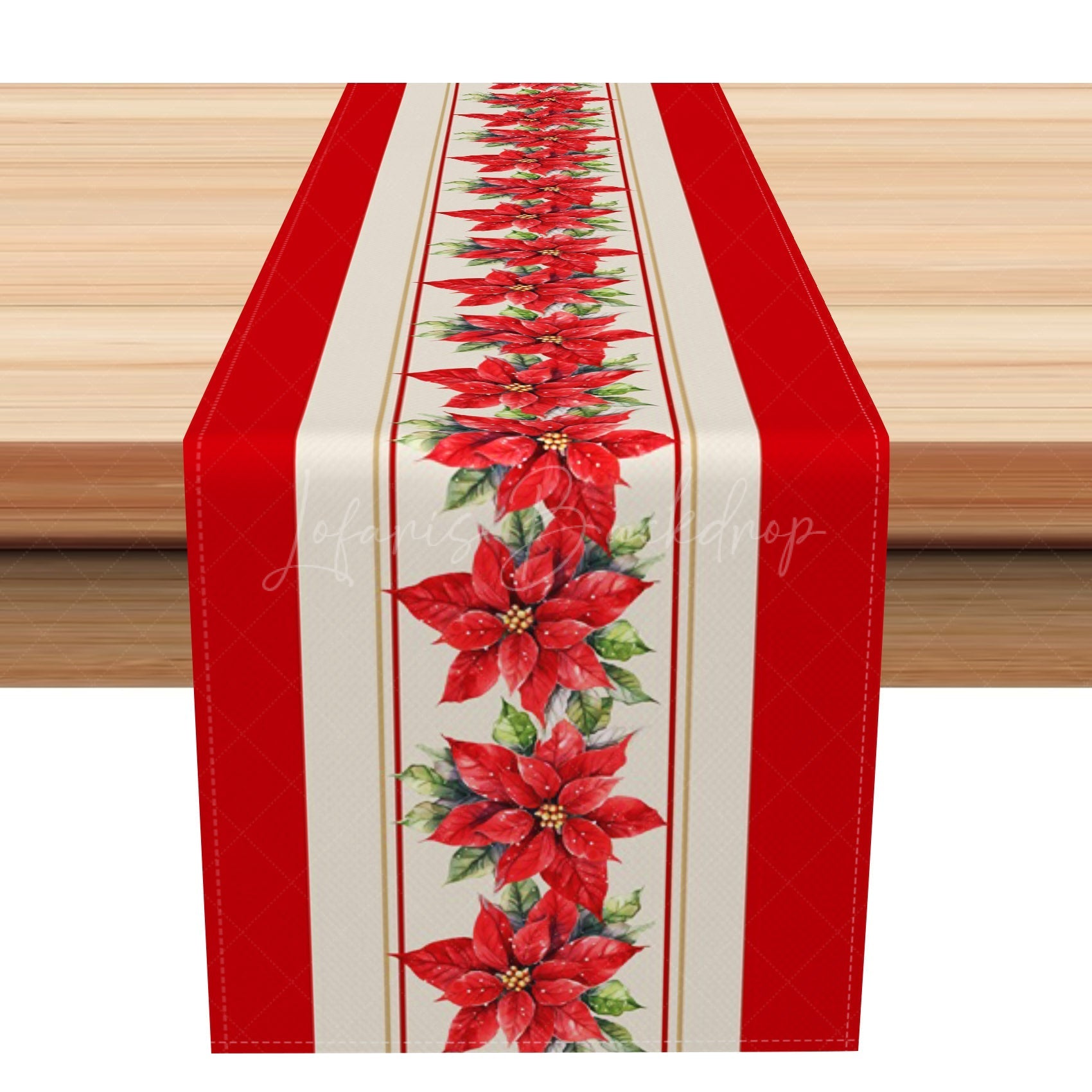 Lofaris Red Beige Stripe Poinsettia Christmas Table Runner