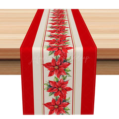 Lofaris Red Beige Stripe Poinsettia Christmas Table Runner
