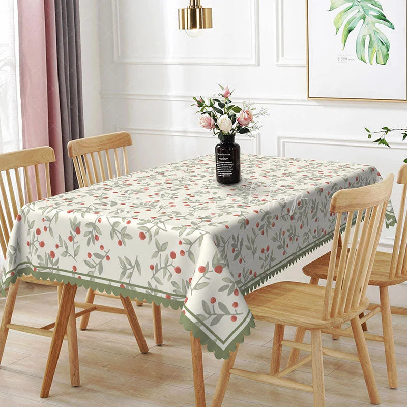 Lofaris Red Berries Green Leaves Pattern Rectangle Tablecloth Rustic Botanical Dining Room Decor Washable Kitchen Table Cover