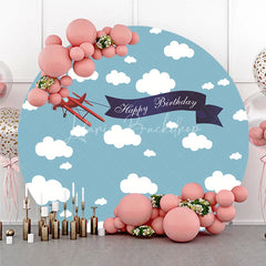Lofaris Red Biplane with Happy Birthday Banner Round Backdrop Blue Sky and White Clouds Aviation Party Decor