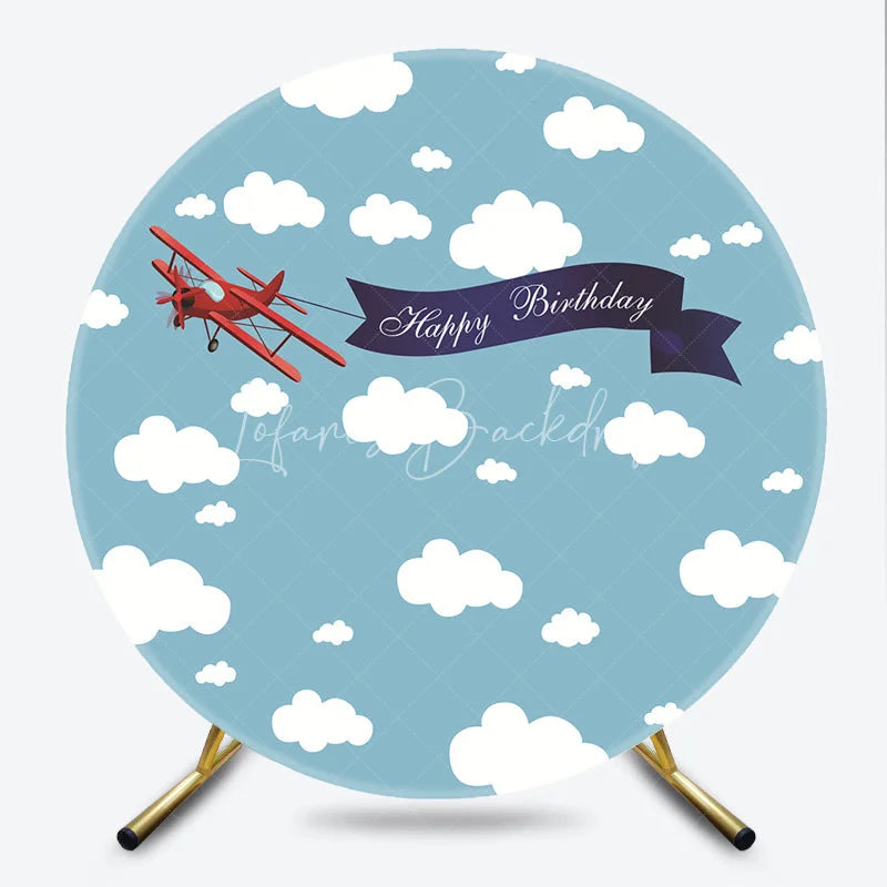 Lofaris Red Biplane with Happy Birthday Banner Round Backdrop Blue Sky and White Clouds Aviation Party Decor