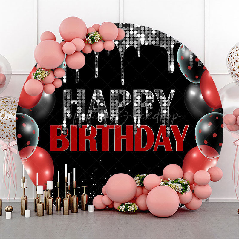 Lofaris Red Black Silver Glitter Round Birthday Backdrop