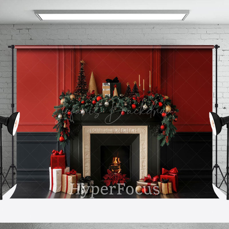 Lofaris Red Black Vintage Wall Fireplace Christmas Backdrop