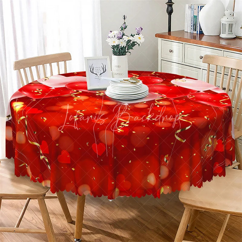 Lofaris Red Bokeh Gold Ribbon Round Tablecloth Festive Valentine Heart Table Cover for Dinner
