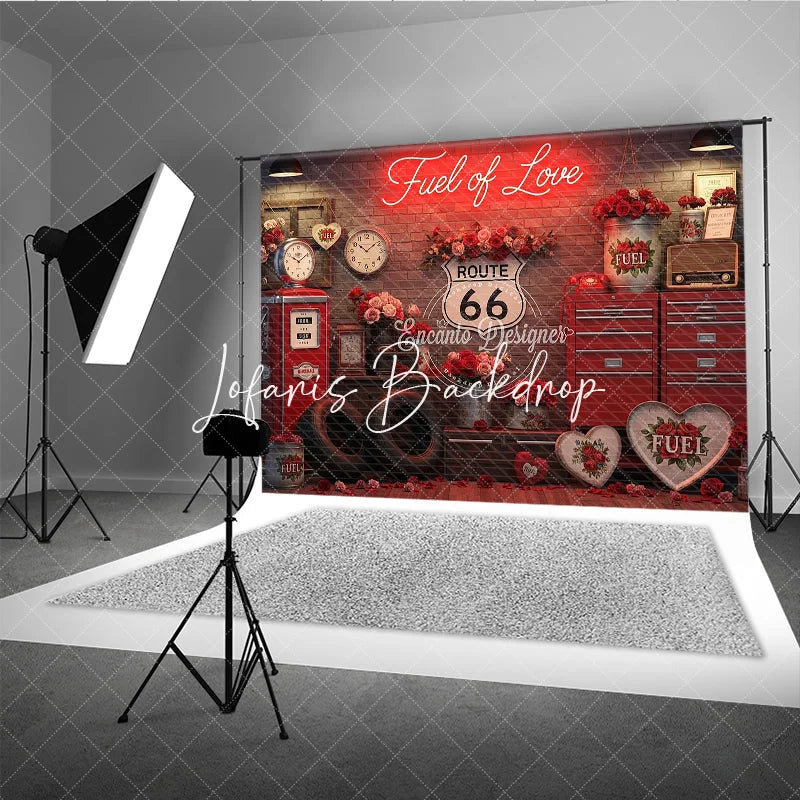 Lofaris Red Brick Wall Fuel of Love Neon Sign Vintage Garage Photography Backdrop Route 66 Valentine’s Day Party