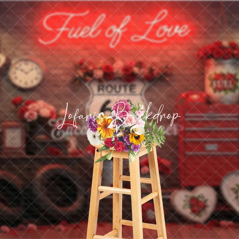 Lofaris Red Brick Wall Fuel of Love Neon Sign Vintage Garage Photography Backdrop Route 66 Valentine’s Day Party