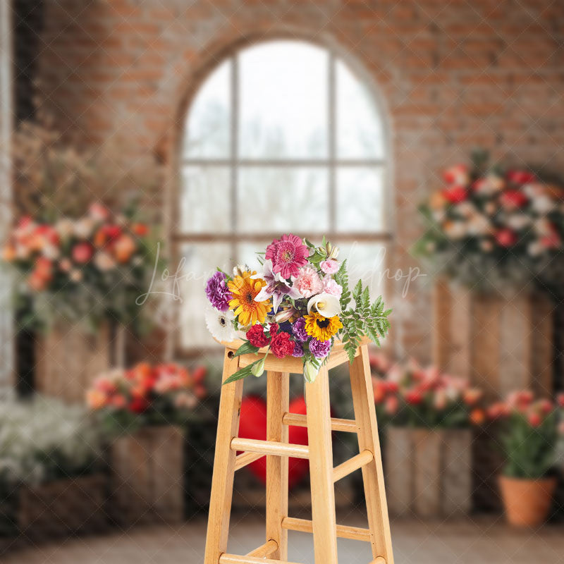 Lofaris Red Bricks Wall Window Floral Valentines Day Backdrop