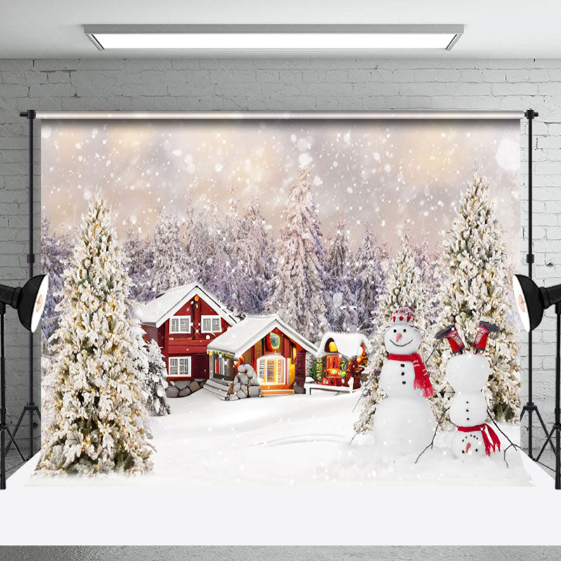 Lofaris Red Cabin Snowman Snowy Christmas Trees Backdrop